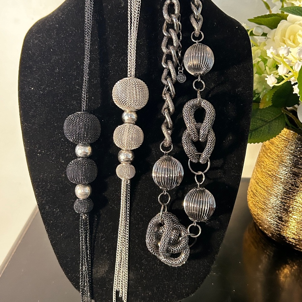 SET OF 3 Bundle:  Edgy Metallic Mesh Lariat Necklaces + Chunky Chain Statement